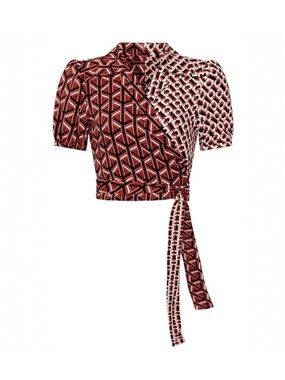 Diane Von Furstenberg Geo-Block Wrap Crop Top - Rust & White